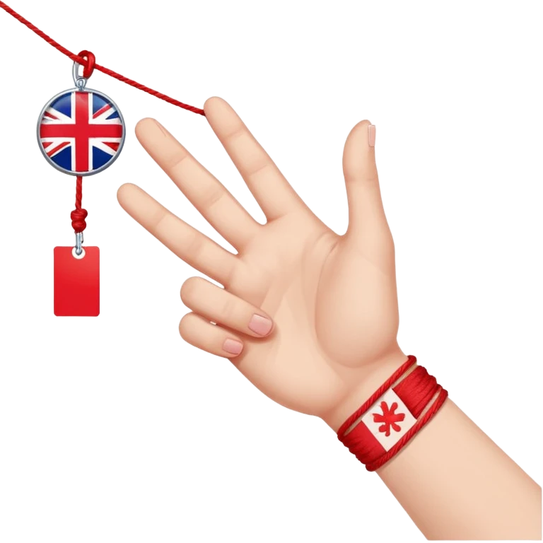 a hand with red string tied up to the pinky finger which shows a British Hong Kong flag to the red thread of fate emoji