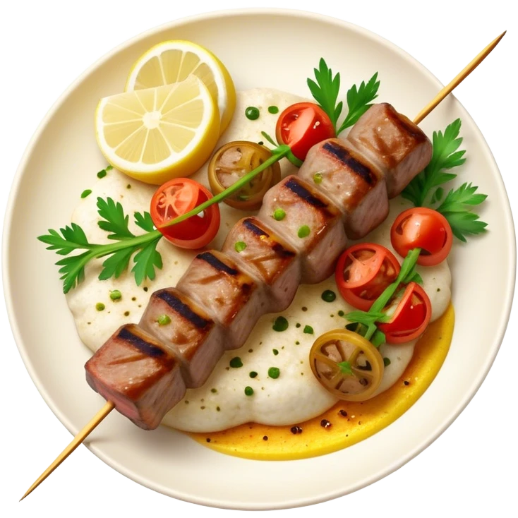 Cinematic Realistic Souvlaki Dish Emoji, showcasing skewered, grilled meat with Mediterranean spices rendered with dynamic textures and warm, appetizing lighting. emoji