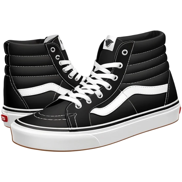 Clean minimalist iOS emoji style pair of black Vans Sk8-Hi high tops with one behind the other, simple forms, flat design, essential white stripe detail emoji