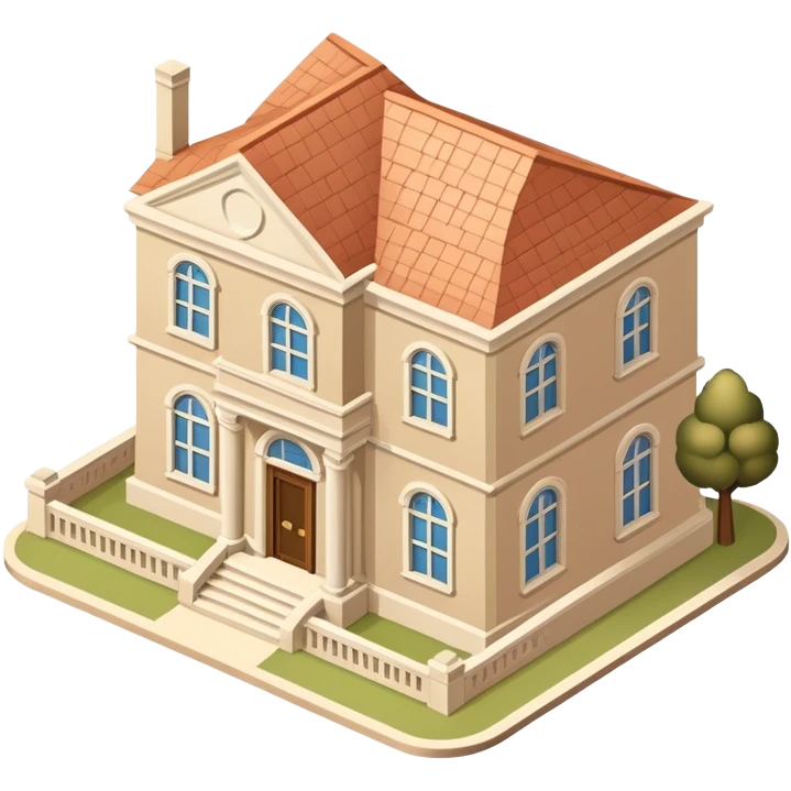 Museum exterior, beige, isometric dollhouse-style, realistic emoji