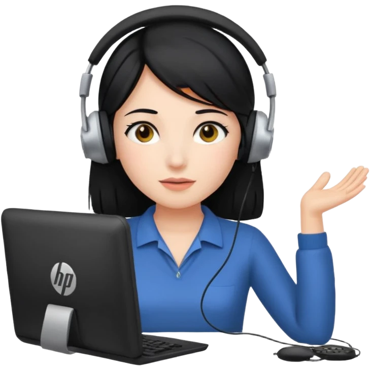 A girl is in front of an HP computer, holding it to her head, and her hair is black. emoji