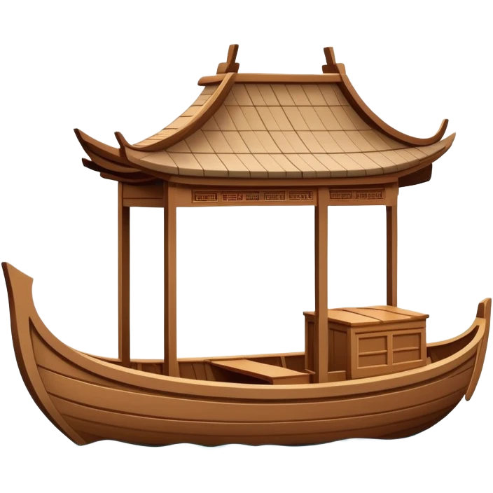 Traditional Chinese wooden boat on West Lake Hangzhou, simplified cute emoji style, wooden rowing boat with canopy, cartoon style emoji