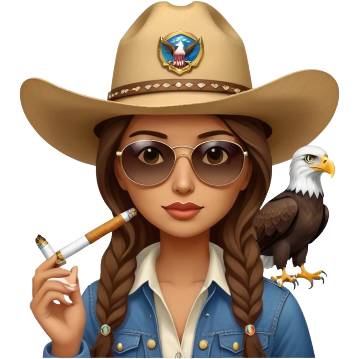 Country woman in cowboy hat with long brown hair with sunglasses with bald eagle on her shoulder and a cigarette in her mouth  emoji