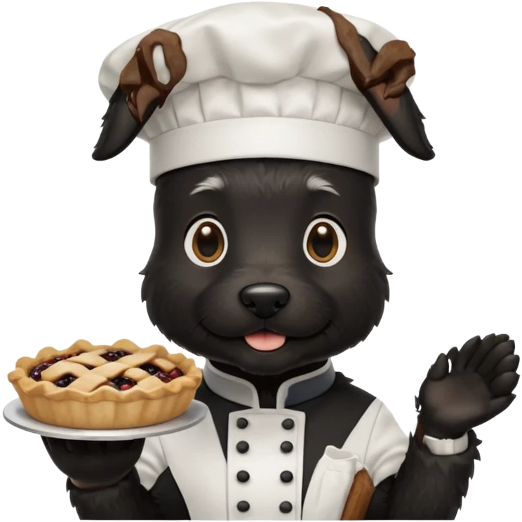 Black Scottie dog wearing chef hat holding a pie emoji