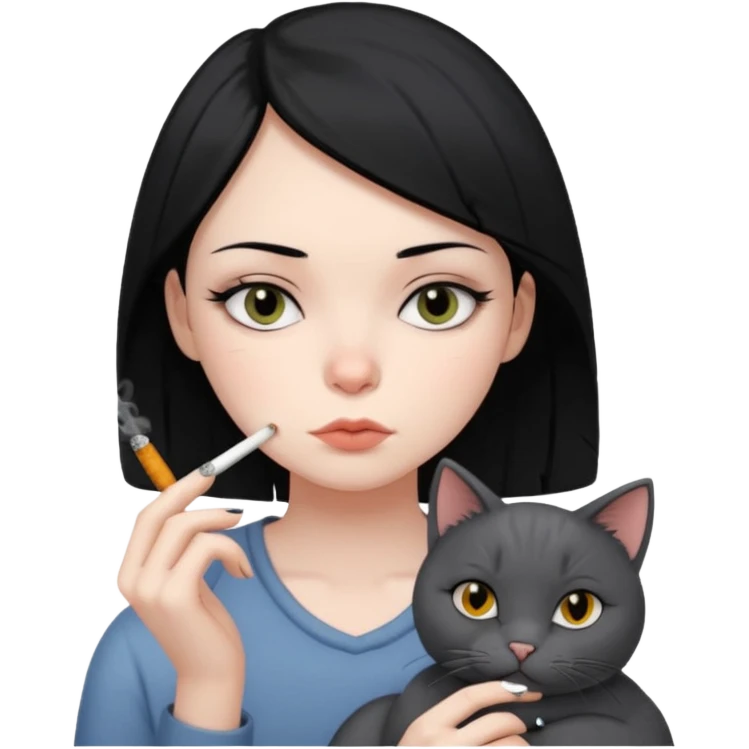 Girl with black hair and dark eyes looking sleepy smoking with her cat emoji