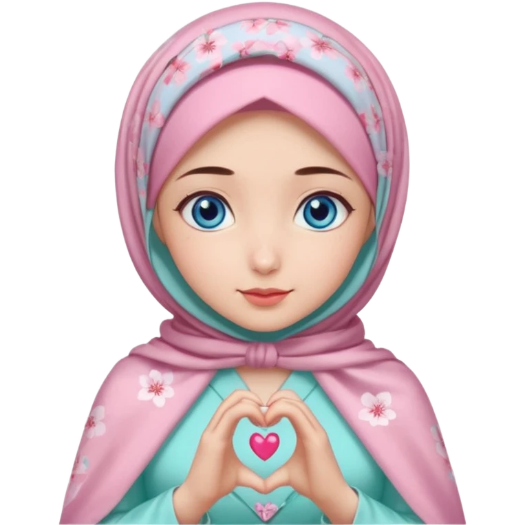 Turkish beautiful finish Konya girl blue eyes with mini cherry blossom hijab and lila mint pink dress and she make heart with hands emoji