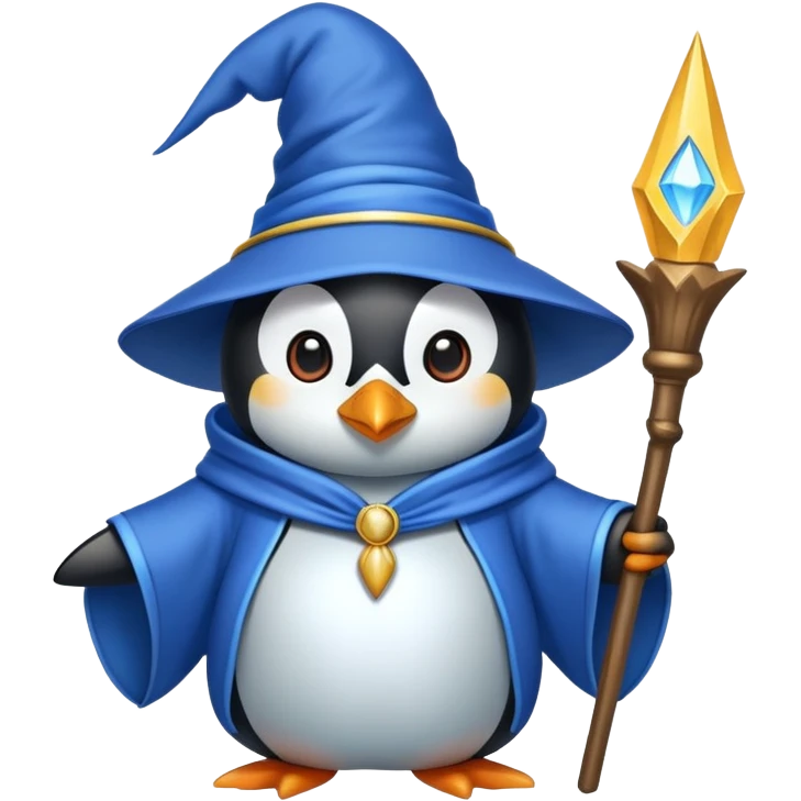 penguin wizard with a blue robe and pointed hat emoji