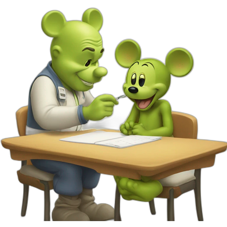 Mickey Mouse giving shrek an exam emoji
