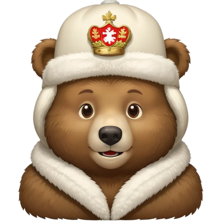 Russian brown bear wearing a white furry ushanka hat with Russian coat of arms emblem in the center, front view, iOS emoji style emoji