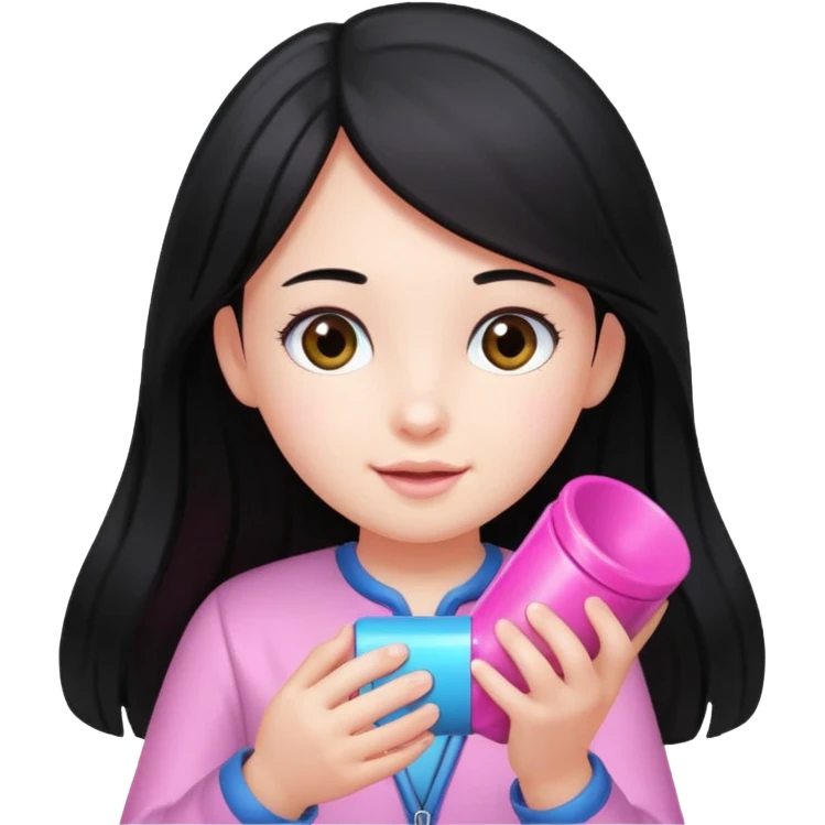 long black haired girl kid playing pink colored formula 1 toy emoji