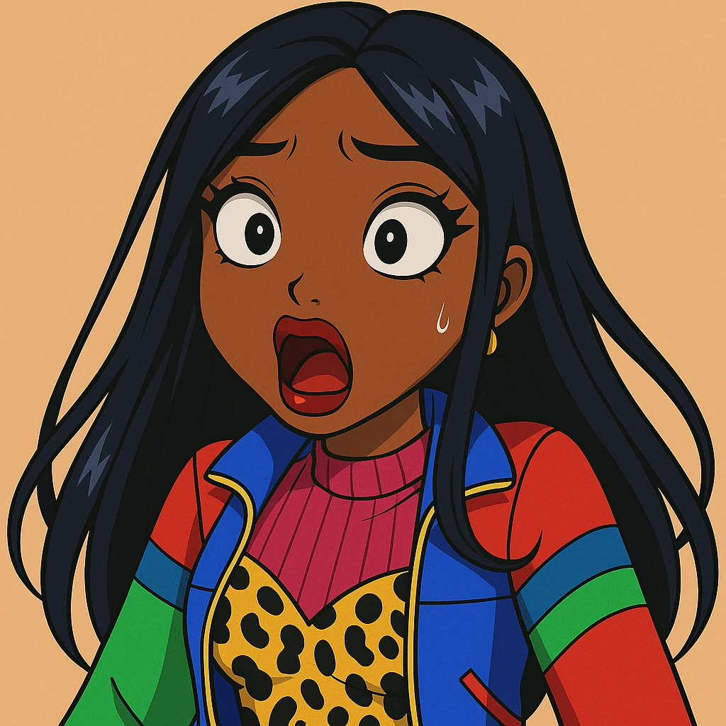 Remove any tears or crying, keep her shocked expression. Depict a 20-year-old anime Bratz style woman with dark skin, dark hair, bold colorful fashion-forward look, big expressive eyes, and glossy lips. emoji