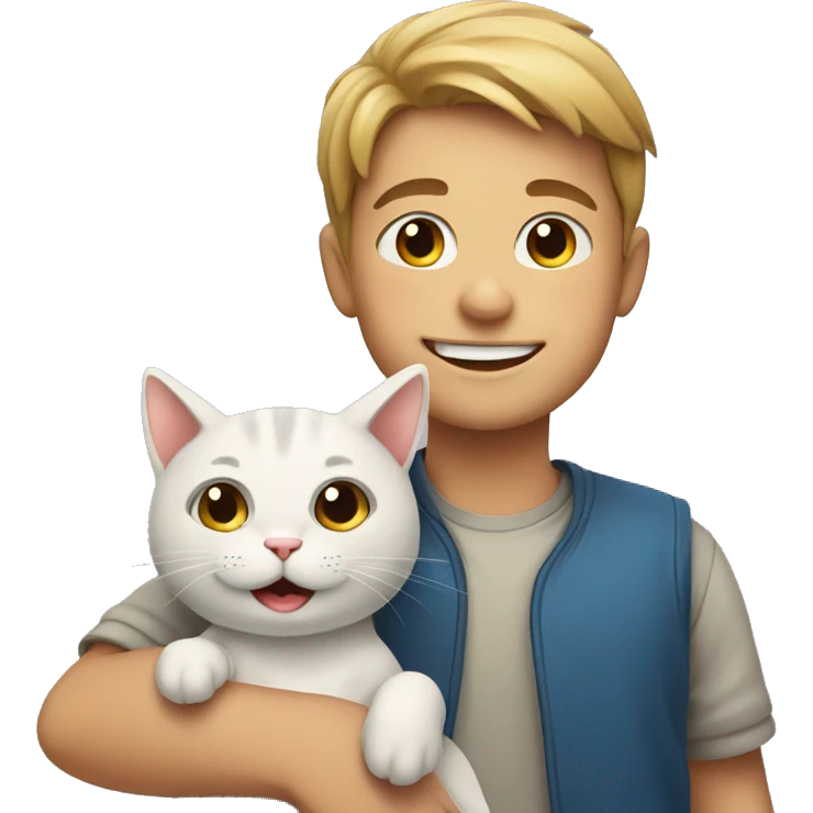 smiling boy with cat indoors emoji