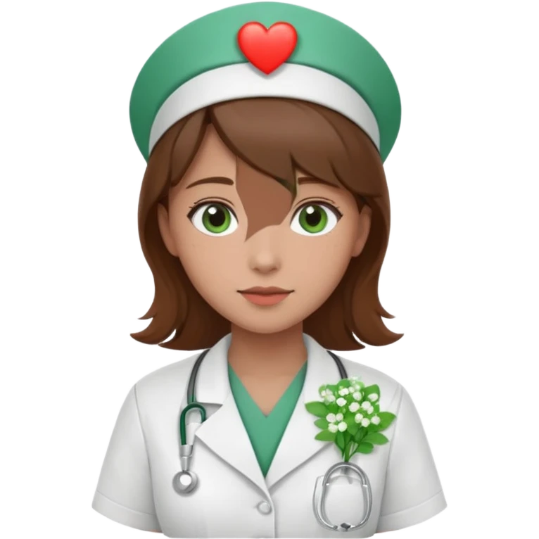 Brown hair Nurse with green heart and Gypsophila surround her head emoji