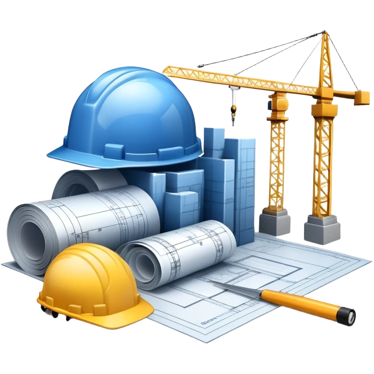 An icon featuring a blueprint, a hard hat, and a measuring tape, symbolizing architecture and construction. The design includes a building silhouette, cranes, and construction tools, representing the planning, design, and building processes. Transparent background. emoji