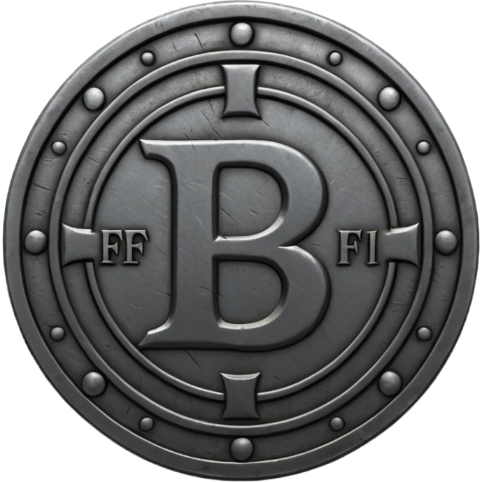 Minimal emoji, gothic metal coin made of black steel, engraved number f at the center, ancient industrial aesthetic, worn metal texture, no glow, no neon, flat emoji design, centered, transparent background emoji