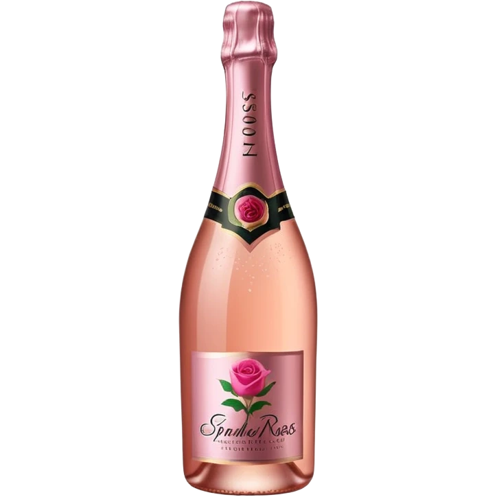 bottle of sparkling rosé champagne with a rose logo on the label, tilted up and to the right, no glass emoji