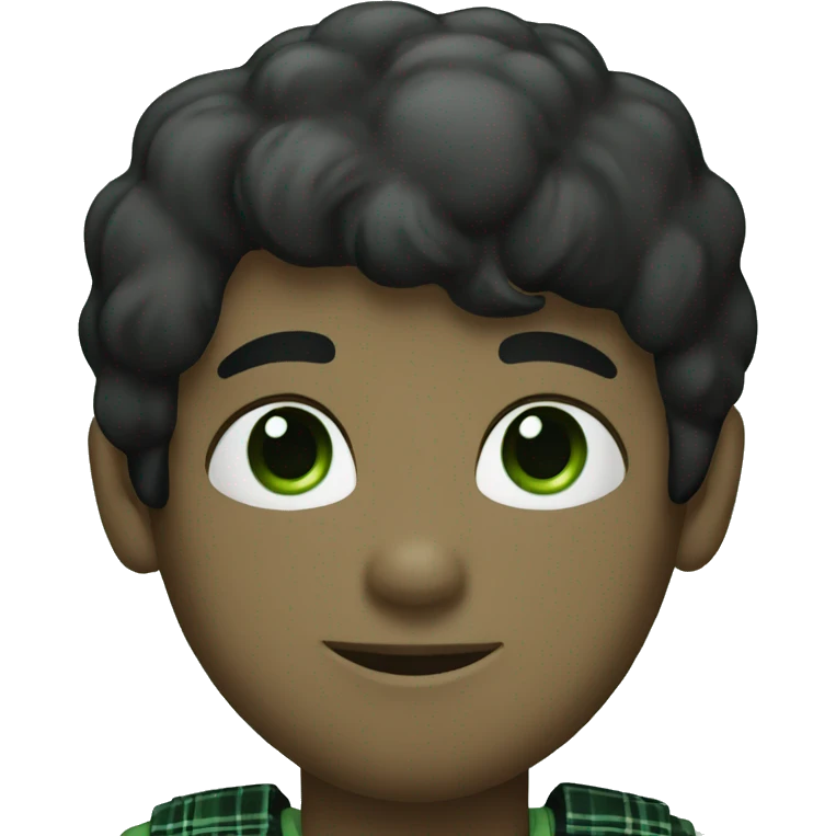 A light boy with black hair wearing a white T-shirt with a black plaid shirt over it with green eyes emoji