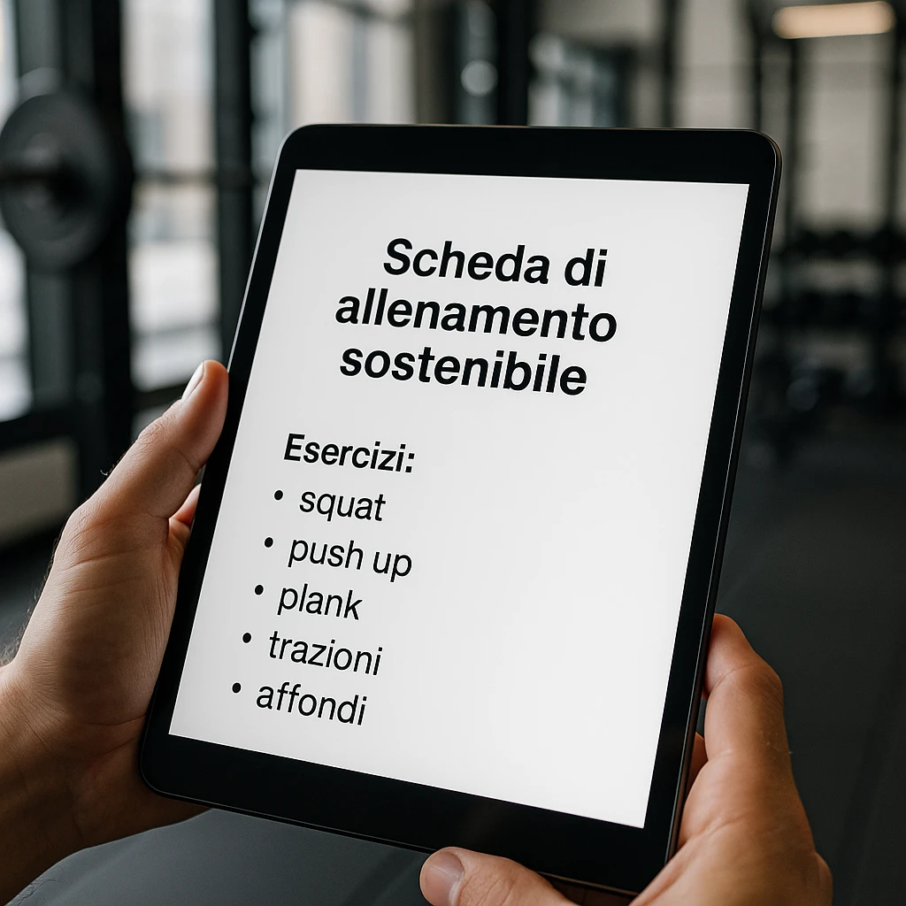 Edit the image to remove the 'Consigli' section from the text on the tablet. Keep only the text: 'Scheda di allenamento sostenibile', 'Esercizi: squat, push up, plank, trazioni, affondi'. The sustainability refers to the training path, not eco-friendly elements. Maintain a hyperrealistic style, 4K resolution, modern gym setting. emoji