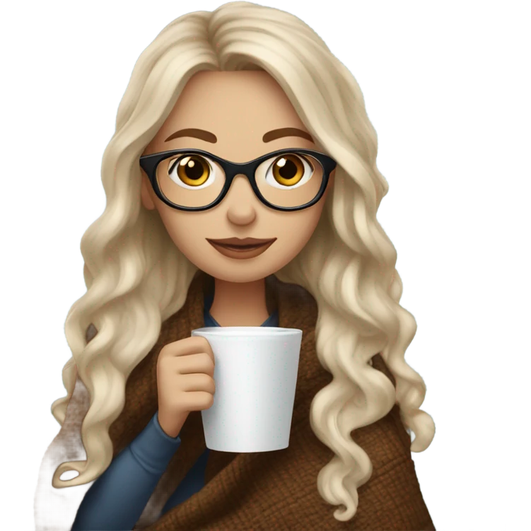 Balayage hair Girl drinking coffee, with a cozy blanket wearing glasses with blue eyes  emoji