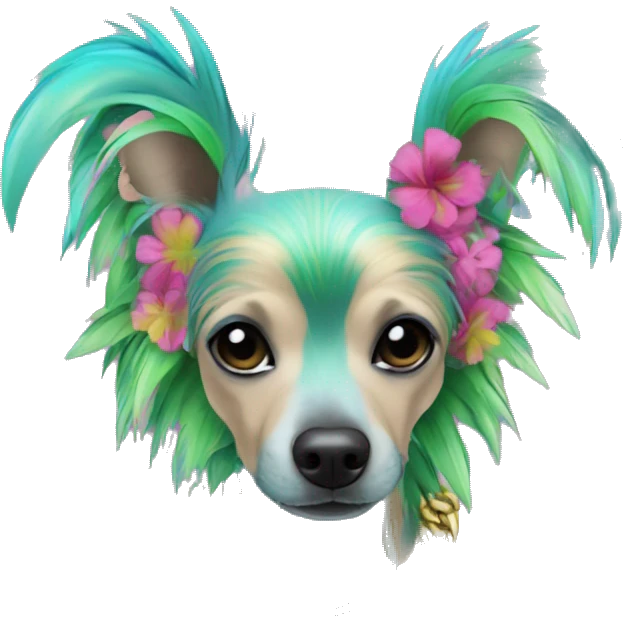 Punk tropical palm leaves flowers Chinese crested dog neon rainbow cyan blue lime green pink hair gold chain punk piercings tattoos punk ear piercings emoji