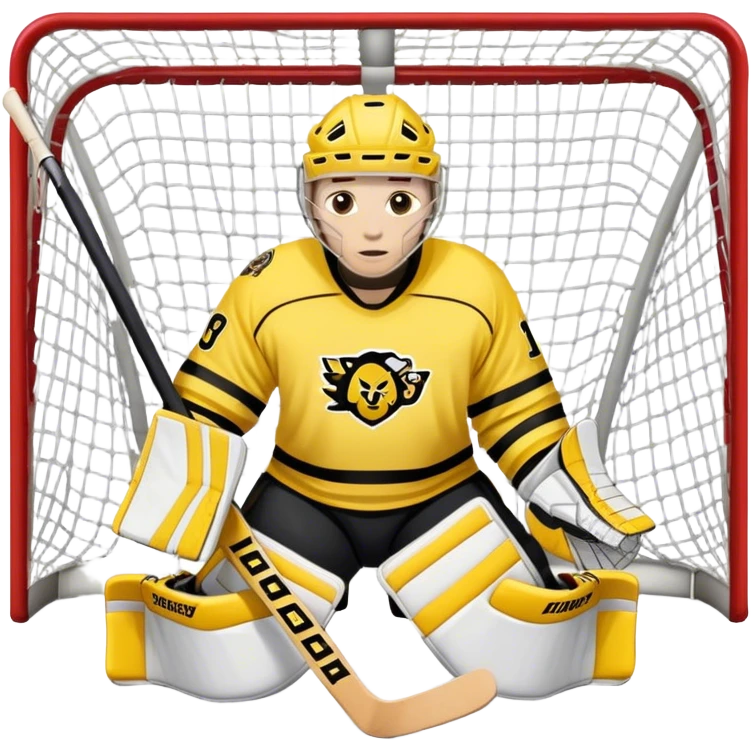 moji of a hockey goalie in yellow and black gear, standing in front of the net, with a team in matching uniforms holding sticks emoji