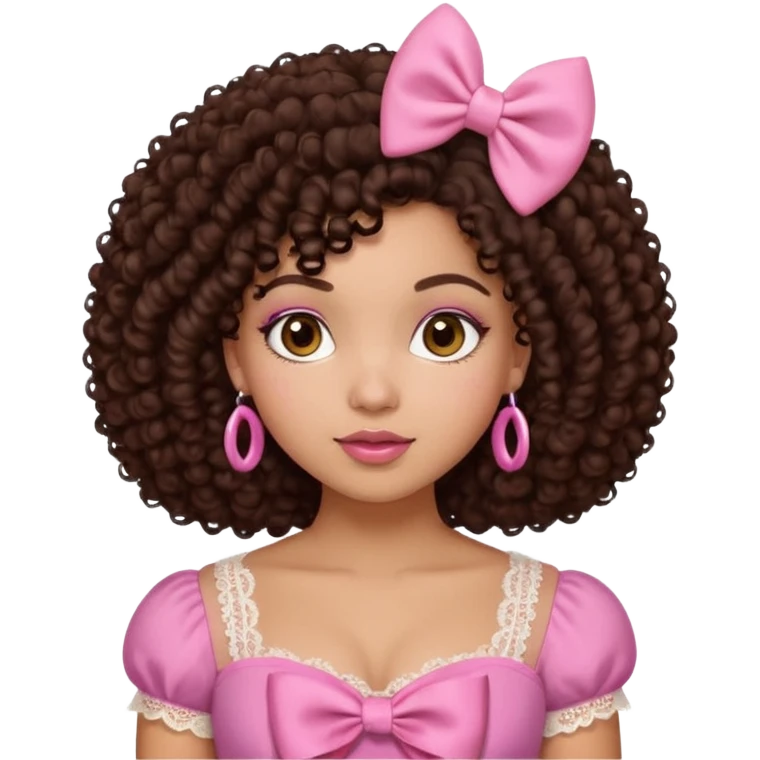 medium-light kinned afro-latina girl with medium length chocolate brown side part curly hair, brown eyes, pink sweetheart necklined top with lace, round wide-ish nose, chubby long shaped face, pink bow emoji