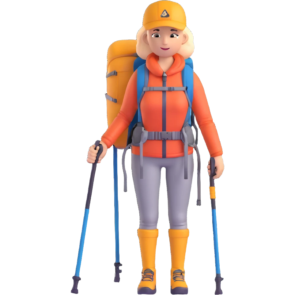 woman mountain climbing, female mountaineer with backpack and hiking poles emoji