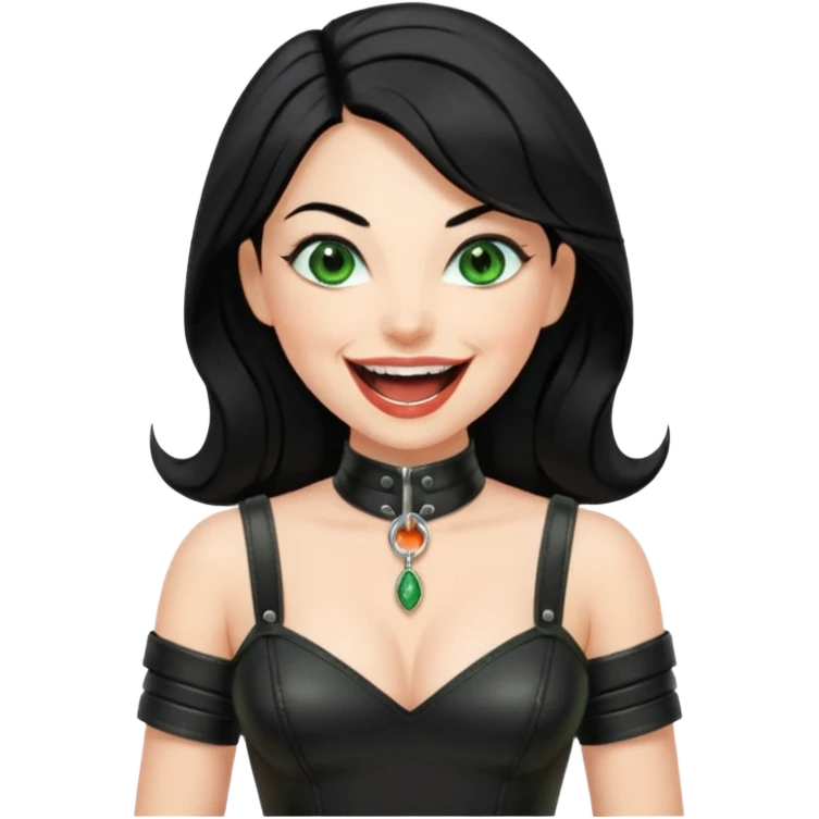 🕵🏻‍♀️💦🧥 black hair , green eyes ,dominatrix dress , laughing  emoji
