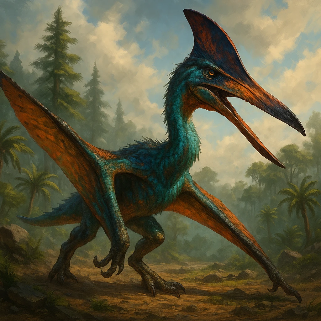 quetzalcoatlus dinosaur in the style of the Ark: Survival Evolved game, detailed, dynamic pose, vibrant colors, prehistoric atmosphere emoji