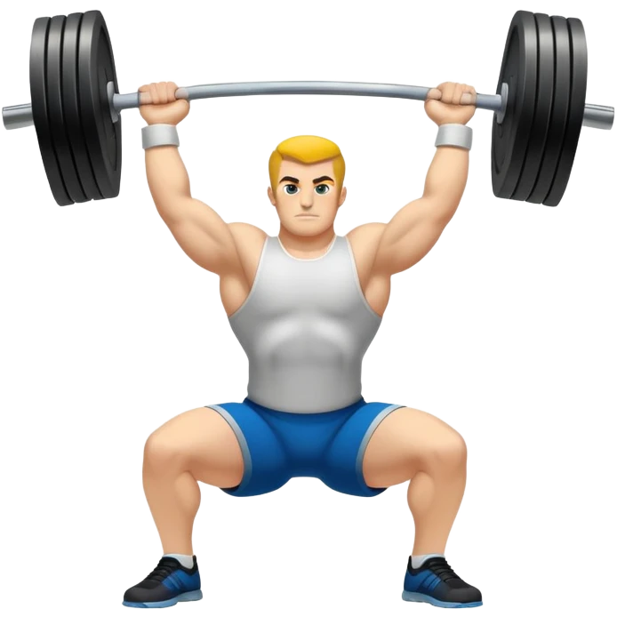 Emblem symbolizing weightlifting, featuring a barbell with heavy weights on either side, lifted above a strong, determined figure. The design conveys strength, focus, and the precision required in the sport. The barbell is centered, with a dynamic, bold style to emphasize power and athleticism.  emoji