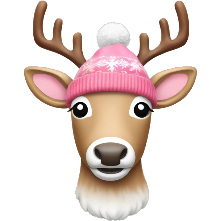 Rudolf the reindeer with a red nose and a light pink Christmas beanie emoji