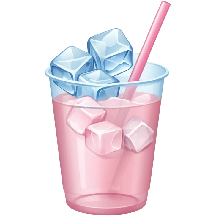 Powder pink beverage in plastic cup with ice cubes emoji