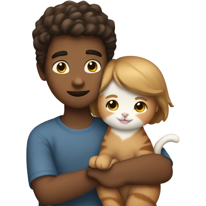 White girl and brown boy hugging their cat emoji