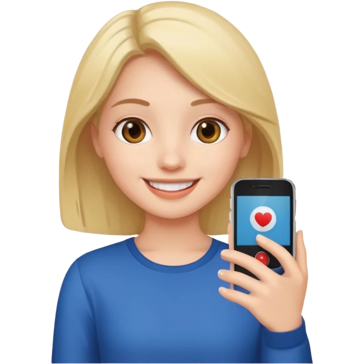 girl with a smartphone in her hand, recording a video, smiling, simple and bold emoji