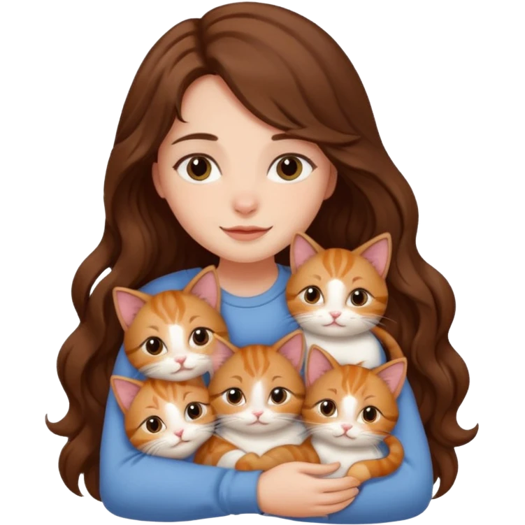 girl with long wavy brown hair cuddling with 6 cute cats emoji