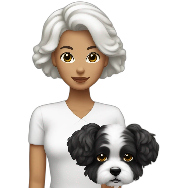 mujer piel blanca con peinado de chongo negro con perro bichon blanco emoji