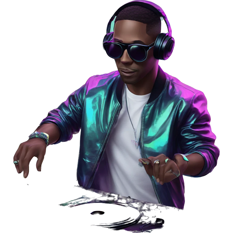 A dj wearing sunglasses playing music holding a cd record record, vinyl, oilslick holographic blacklight inverted graffiti dark dull emoji