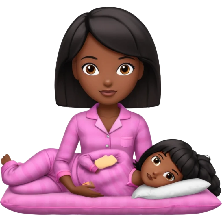 Dark skin Black barbie, short  black bob  hair, pink pajamas laying on pillow  emoji