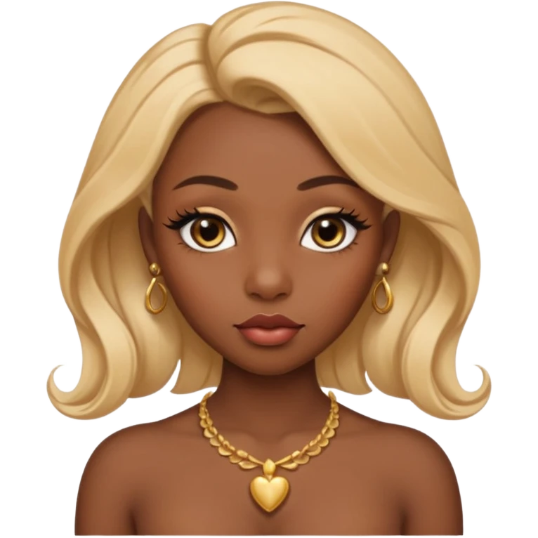 darkskin female with eyebrows that are naturally shaped and frame eyes well, eyes that are almond-shaped with defined lashes. nd lips are full with a defined cupid’s bow, add also a septum piercing that adds an edgy, stylish flair. a middle-part, honey blonde bust-down with laid baby hairs emoji