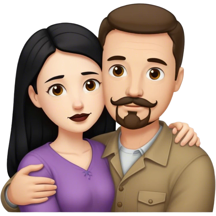 Tall white man with brown mustache and goatee hugging a short pale woman with long black hair emoji