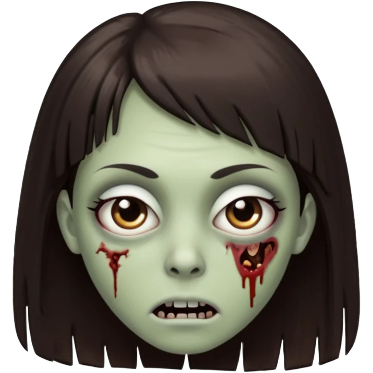 Tenho uma franja vegana, sombrancelha reta e fina, um rosto oval e meu cabelo é grande e castanho escuro. Faça no estilo zumbi  emoji