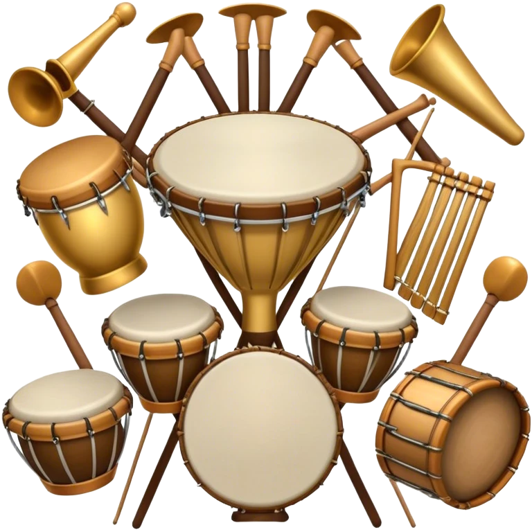 Create a heraldic, festive, and professional emblem-like emoji representing percussion instruments. The design should resemble a traditional crest, featuring a variety of percussion instruments such as cymbals, triangle, tambourine, maracas, timpani, bongo drums, and other traditional folk percussion instruments. Arrange them symmetrically, with cymbals crossing each other, the triangle at the center, and timpani or bongo drums flanking the sides. Include tambourines and maracas prominently, adding rhythm and texture. A flowing ribbon of musical notes should elegantly weave through the instruments, enhancing the sense of movement and celebration. Add intricate decorative patterns on the instruments, along with ornamental swirls, laurels, or flourishes to elevate the festive and heraldic feel. The overall composition should be balanced, harmonious, and visually striking, with an elegant and professional look. The background should be transparent. emoji