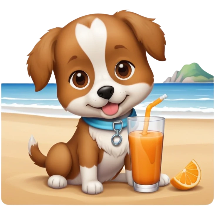a cute dog drinking a juice on the beach emoji
