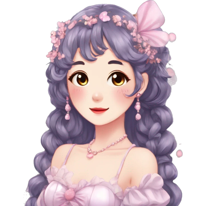 Gorgeous anime style lady with blushing face and accessories cottagecore fairycore Kawaii anime colorful pearly romantic aesthetic trending style emoji