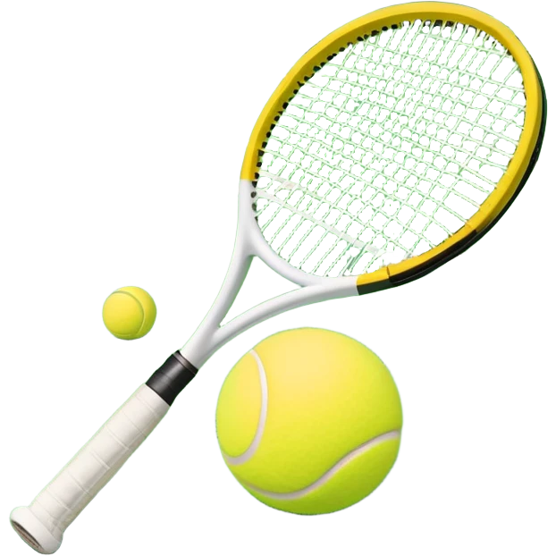 A tennis racket with a bright yellow tennis ball resting on it, set against the backdrop of a well-maintained tennis court. The scene emphasizes the smooth lines of the court and the focus on the ball and racket, symbolizing the elegance and precision of the sport emoji