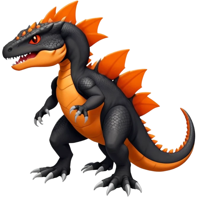 Black Salandit-Tyrunt-Tyrantrum-Fakémon-creature-hybrid with orange belly (full body) emoji