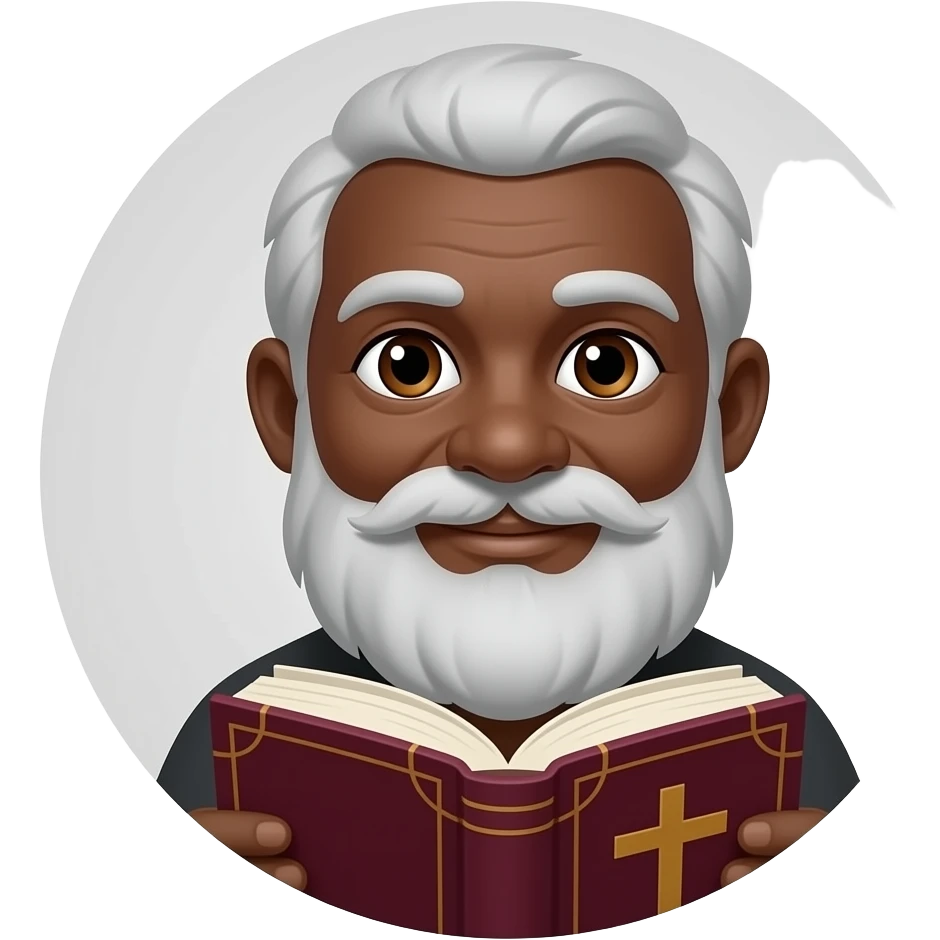 wise old man with grey hair little smile brown eyes white beard black skin with burgundy book that has a cross on it no circle emoji