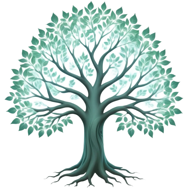 Mystical white tree with soft glowing portrait frames as leaves, ethereal genealogy connecting generations emoji