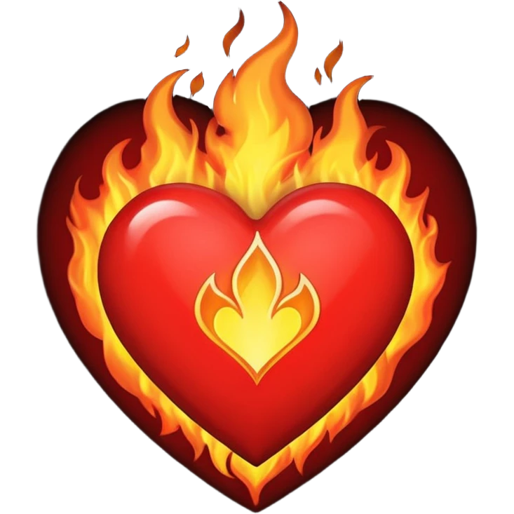 A red heart with bright flames on top, blending realistic fire with a slightly gothic cartoon style. Inside the heart, in small bold gothic text, it says:
Pyromaniacs   emoji