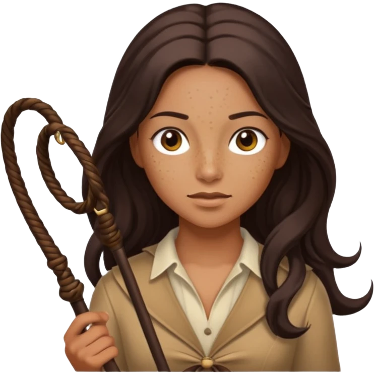 Tan skin with freckles, long dark hair, hazel eyes Dominatrix with whip emoji